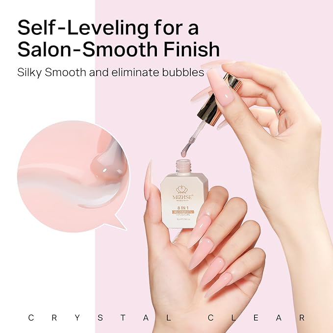 MIZHSE Builder Nail Gel, 8-in-1 Jelly Pink Nude Builder Nail Gel Strengthener Gel Thickening Extension Rhinestone Glue in a Bottle for DIY Salon LED & U V Lamp Needed 16mL