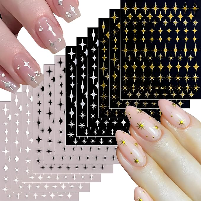 3D Self-Adhesive Star Nail Art Stickers - 12 Sheets Silver Gold Black White Decals for Acrylic Nails - Nail Design Supplies for Women Girls