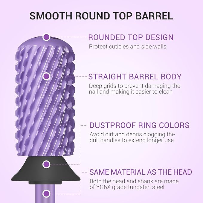 MelodySusie Safety Nail Drill Bits, 3/32'' Smooth Round Top Large Barrel Carbide Bits, Suitable for Manicure Pedicure Cuticle Gel Polishing, Beginners Bits, Purple, Series Bit-S, XC