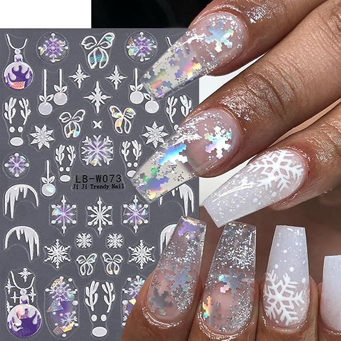 6 Sheets Snowflake Nail Art Stickers Christmas Santa Hat Nail Decals Aurora Gingerbread Man Bell Nail Design 3D Self Adhesive Cute Nail Stickers for Women Decoration Manicure Supplies