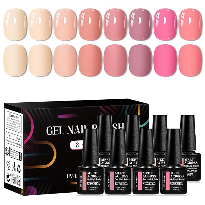 MEET ACROSS 1 Step Gel Polish Set Nail Art Manicure 3 in 1 Gel Kit Soak Off LED Gel Nail Varnishes No Need base gel top coat (Set-5, 8PCS)
