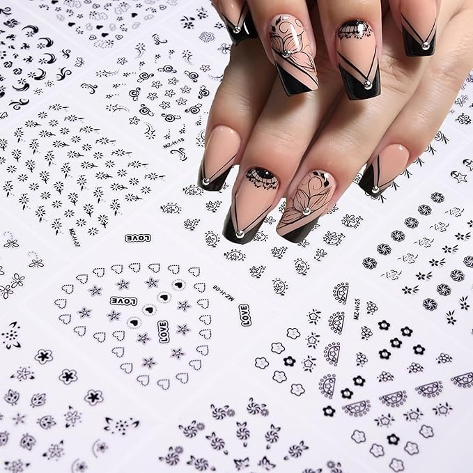 30 Sheets Black Flower Nail Art Stickers - Heart, Butterfly Design Charms - 3D Self Adhesive Nail Art Supplies for Women & Girls - Manicure Decoration Floral Nail Decals
