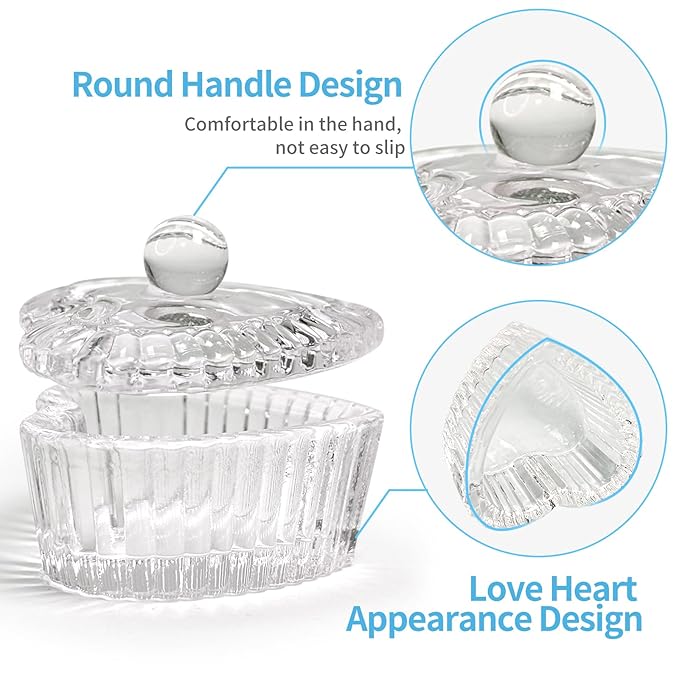 Crystal Sweet Heart Shape Acrylic Liquid Powder Glass Dappen Dish Glass Cup w Cap Lid Bowl for Acrylic Nail Art Transparent Kit (HJ-NAPB018-Clear-2pcs)