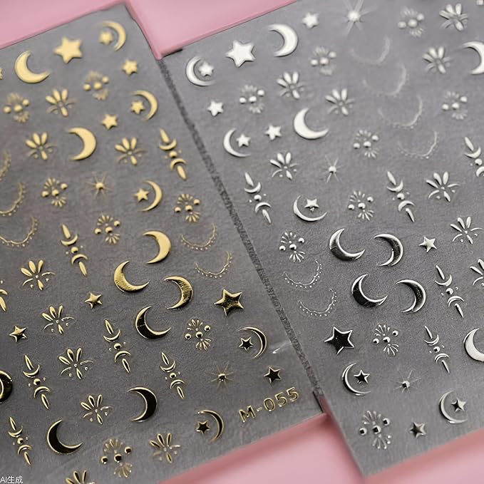 Silver Gold Nail Stickers for Nail Art 3D Self Adhesive Moon Star Nail Art Stickers Silver Moon Star Nail Decals Gold Nail Supplies for Women Girls 2Sheets