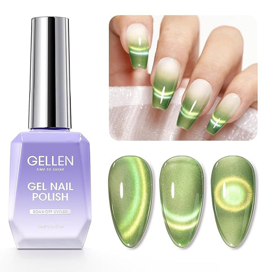 Gellen Cat Eye Gel Nail Polish, 18ML Bright Green Magnetic & Holographic Glitter, UV/LED Manicure Nail Art Designs