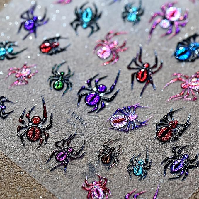 5D Embossed Spider Nail Stickers for Nail Art Halloween Nail Art Stickers Glitter Colorful Spider Nails Decals Holiday Nails Supplies for Women Halloween Acrylic Manicure Decoration Accessories 1Pcs