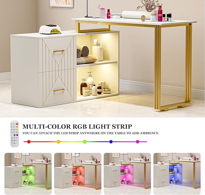 Paddie Manicure Table for Nail Tech with Wrist Cushion, Corner Nail Desk with 2 Drawers and 2 Shelves, Beauty Salon Nail Supplies Decor Station with 16 Colors LED Lights （White）
