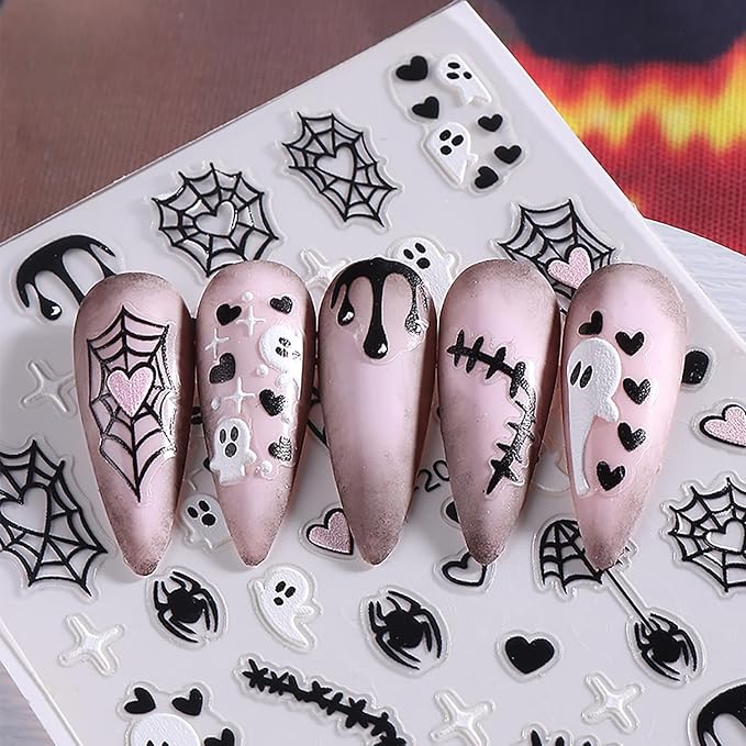 6 Sheets Halloween Nail Art Stickers Ghost Spider Web Skull and Pumpkin Nail Stickers Cute Nail Decals for Nails Art 3D Self-Adhesive Nail Art Supplies for Women Girls