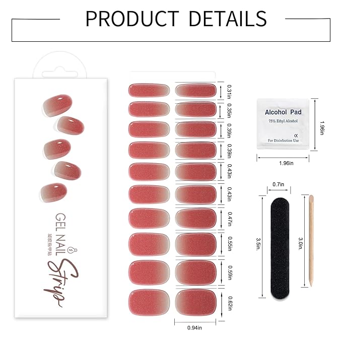 WOKOTO 1 Sheet Semi Cured Gel Nail Strips With Wood Stick, Nail File & Prepared Pads, 20 Tips Pink Gradient Glitter Semi Cured Nail Polish Strips, Harden With UV Light Gel Nail Stickers Wraps