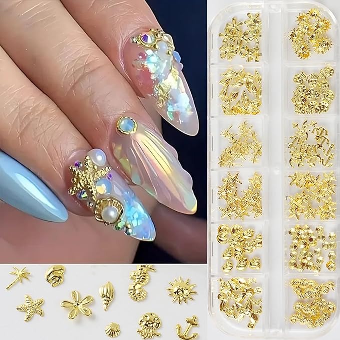 Metal Beach Nail Art Charms 3D Gold Marine Life Nail Charms with Seahorse Shell Starfish Designs Nail Rhinestones for Acrylic Nails Golden Palm Tree Flowers Nail Jewelry for Women Summer Nails Supply