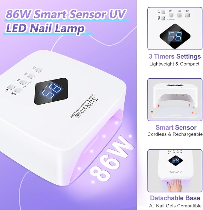 Cordless Rechargeable UV LED Nail Lamp,LKE 86W UV Light for Gel Nails UV Nail Light Nail Dryer with 3Timer Setting Display Auto Sensor Professional Quick Dry Gel Polish