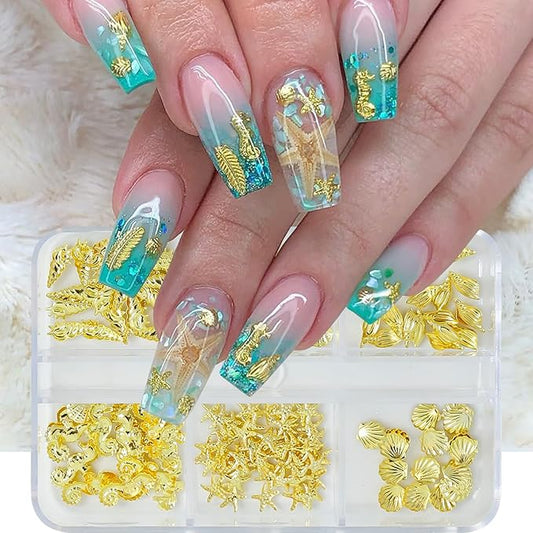 6 Grids Summer Ocean Metal Nail Art Charms 3D Beach Gold Seashell Starfish Nail Charms for Acrylic Nails Sparkling Golden Seahorse Conch Nail Art Jewelry for Women Manicure Decoration Accessory
