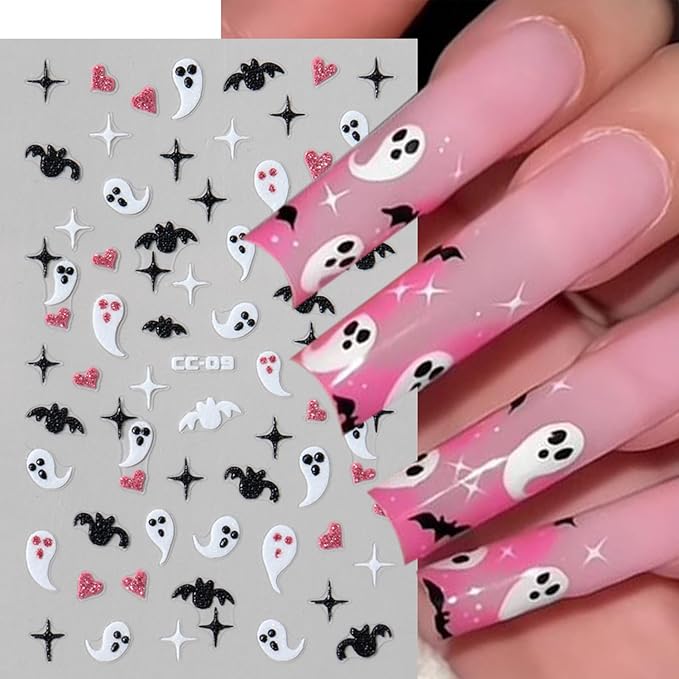 5 Sheets Halloween Nails Stickers French Tip Spider Web Nails Art Stickers 3D Self-Adhesive Supplies Nail Decal with Luminous Ghost Skeleton Design Nail Sticker for Nail Art Women's DIY Decoration
