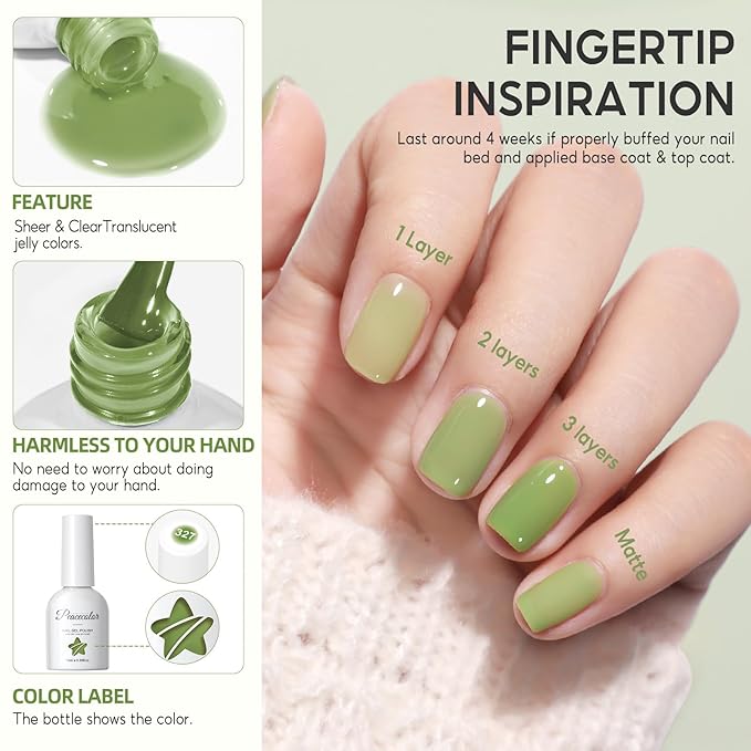 PEACECOLOR Green Jelly Gel Polish Set, 6 Colors 10ML Transparent Clear Green Collection Jelly Gel Nail Polish Set Fall Nail Art Design Home Salon DIY Gifts for Women