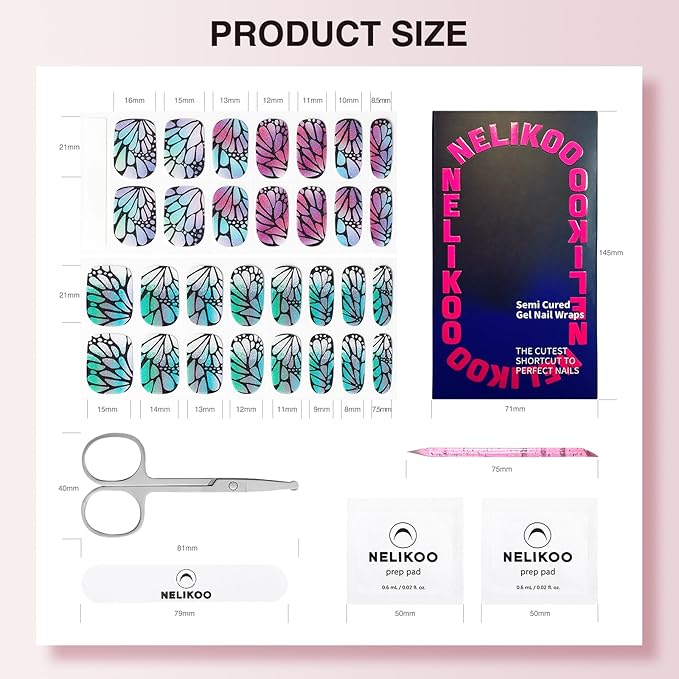 Semi Cured Gel Nail Strips - 30PCS Gel Nail Stickers for UV Light, Long-Lasting Gel Nail Wraps, Salon-Quality Semi Cured Nail Stickers, 2 Weeks Wear, Easy DIY Gel Manicure-Butterfly Dreams