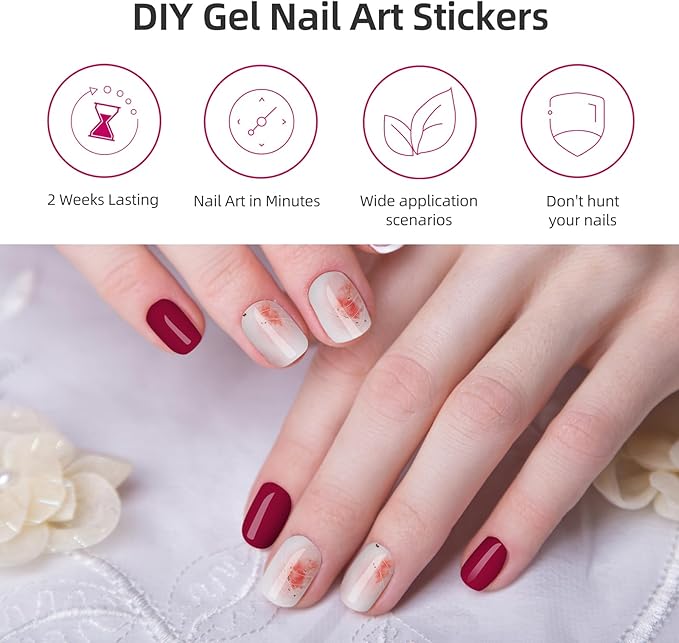 Semi Cured Gel Nail Strips | 28 PCS Gel Nail Stickers Work with Any UV Lamps, Long Lasting Nails Wraps for Women Home DIY Nails Art (Red Grapefruit)