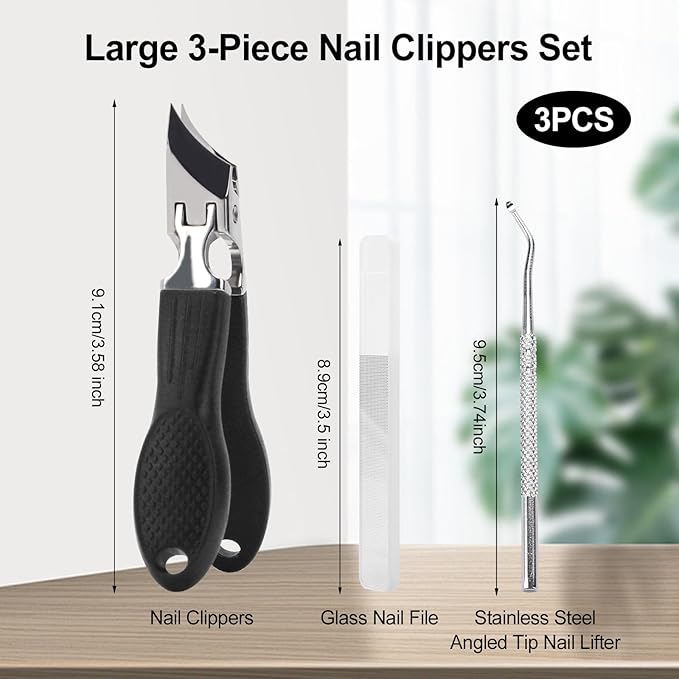 Eagle Beak Nail Clippers for Ingrown & Thick Nails – Beveled/Slanted/Angled Blades, Long Handle Wide Jaw, Anti-Splash Ultra Sharp Stainless Steel Edge 3-Piece Set for Men/Women (Black)