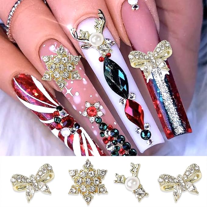 18Pcs Christmas Nail Art Charms Metallic Silver Nail Charms Shiny Snowflake Heart Christmas hat Trees Nail Rhinestones Bling Cute Crystal Nail Gems Winter Glitter Snowflake Nail Supplies for Women DIY