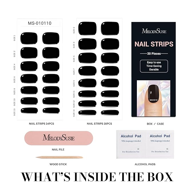 MelodySusie Semi Cured Gel Nail Strips, Black, Gel Nail Stickers Work with Any Nail Lamps, Salon Quality, Long Lasting, Easy to Apply and Remove, Includes 30Pcs Nail Wraps