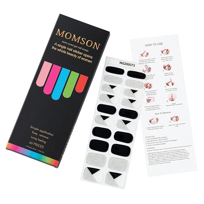 MOMSON Semi Cured Gel Nail Strips - 20 Real Gel Nail Polish Stickers/Full Nail Wraps for DIY at Home, Salon-Quality, Easy to Apply & Remove (Silver Glitter, White & Black)