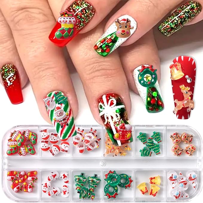 50pcs Christmas Nail Charms: 3D Mix Colorful Reindeer, Snowman, Santa Claus, Bell Nail Rhinestones for Women Xmas DIY