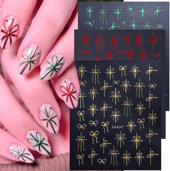 Christmas Nail Art Stickers Decals Christmas Gift Bow Nail Decals 6PCS Golden Green Red Ribbon 3D Self-Adhesive Nail Designs Holiday Nail Stickers Manicure Supply for Women DIY Nail Art Decorations