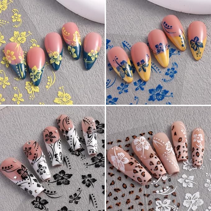 6 Sheets Flower Nail Stickers, Hibiscus 3D Self-Adhesive Nail Decals Blue Yellow White Pink Gold Floral Petal Tropical Leaf Designs DIY Manicure Supplies for Women Girls