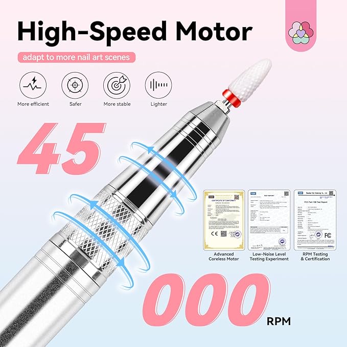 SAVILAND 45000RPM Electric Nail Drill Professional: Unique Coreless Nail File Last 15H Long Battery Life |Cordless Nail Drill for Quick Acrylic Nail Removal Ultra Quiet Salon Use Manicure Pedicure