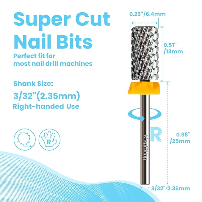 Super Cut Large Barrel Nail Drill Bits for Professional Users, 3/32'' Tungsten Carbide Bits, Upward Deep Cut for Removing Hard Gel Fast, Right Hand Use, Manicure Cuticle Gel Polishing, Double Coarse.