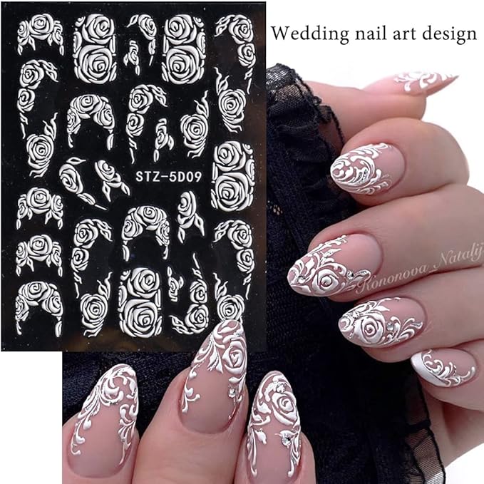 Flower Nail Art Stickers Decals, 8 Sheets 5D Engraved Flower Nail Decals White Wedding Nail Art Accessories French Tips Nail Designs Self Adhesive Lace Flower Carving Nail Stickers for Women Girls