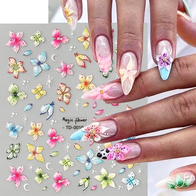 Flowers Nail Art Sticker- 5D Embossed Lily Flower Nail Decals Spring Colored Orchid Floral Petals Nail Design Hibiscus Flower Adhesive Gel Slider Nail Charms Summer Decor DIY Manicure Accessories 6PCS