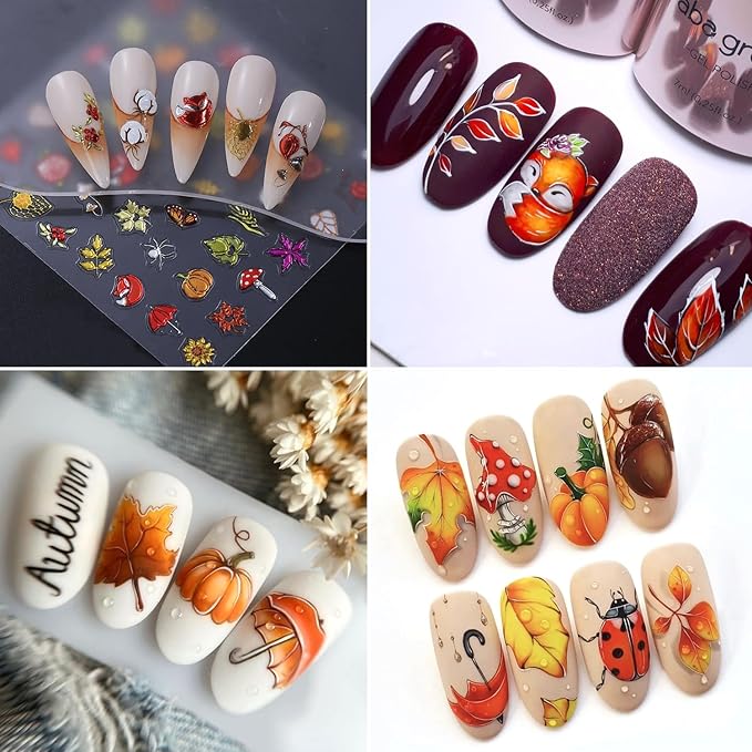 2Sheet Thanksgiving Nail Art Stickers 5D Embossed Autumn Maple Leaves Pumpkin Designs Nail Decals Self-Adhesive Fall Fruit Fox Nail Sticker Butterfly Mushroom Nail Decal for Women Nails Decor Supplies