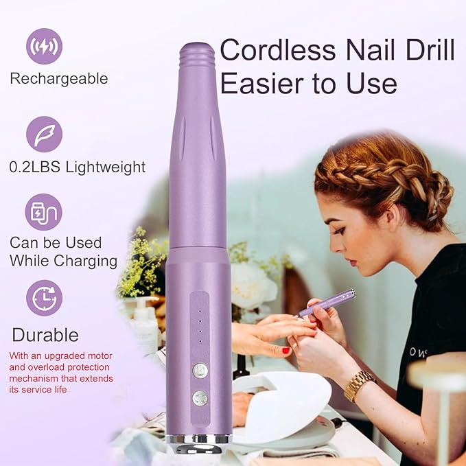 Nail Drill and Dremel - 14-in-1 Portable USB-Powered Nail Care Set with 20000RPM Speed for Gel, Dip Powder, Manicure, Pedicure, Shaping & Polishing, in Elegant Purple