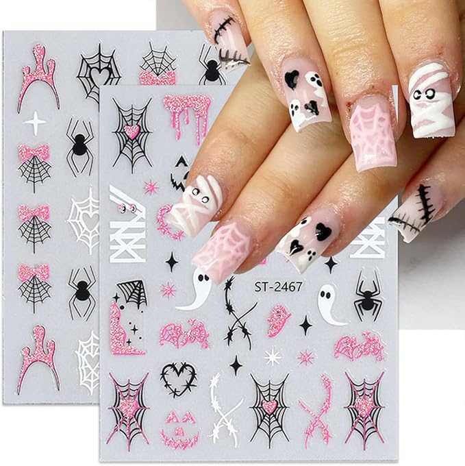 6 Sheets Pink Glitter Halloween Nail Stickers for Nail Art 3D Self-Adhesive Spider Web Nail Stickers with Ghost Bat Blood Drop Skull Cute Halloween Designs Goth Nail Decals for Women Acrylic Nails