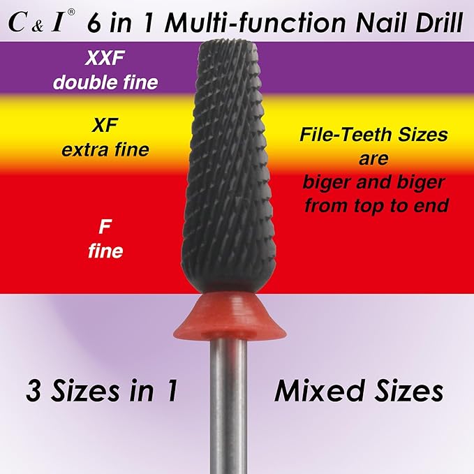 C & I Nail Drill Bit 6 in 1 Multi-function Rounded End E-file, Diamond Coat, CNC Overall Cut Nail Tools for Nail Techs Quick Remove Acrylic Nail Gels & Nail Art (Special Coat, Fine -F)