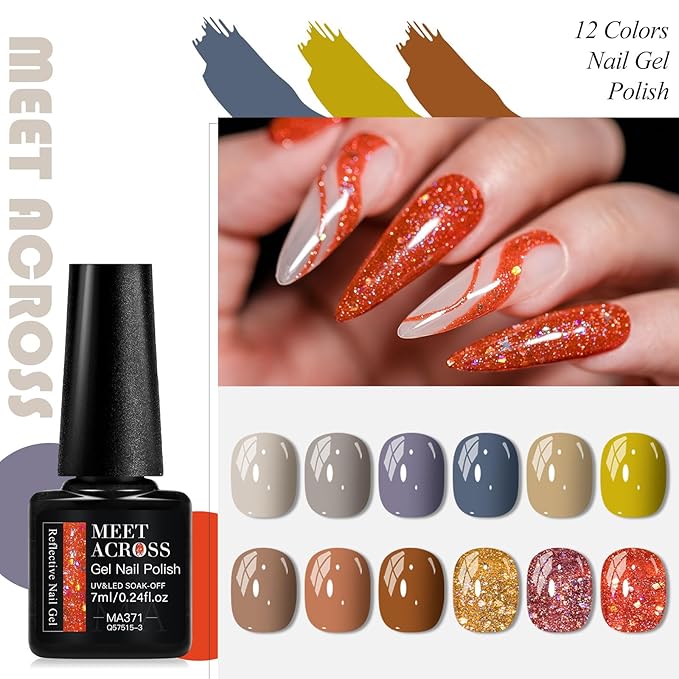 MEET ACROSS 12PCS Gel Nail Polish Set, 12 Colors Gel Nail Kit Art Design Soak Off UV LED,Nail Art Design Gifts for Women (Fall-2, 12PCS)