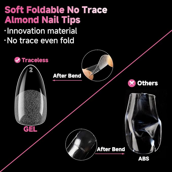 UNA GELLA Medium Almond Nail Tips, 312pcs Almond Gel Nails Tips Shape Pre Etched Full Cover Clear Fake Acrylic Pointed Press On Nails No C Curve for Nail Extension Art DIY Salon 12 Sizes