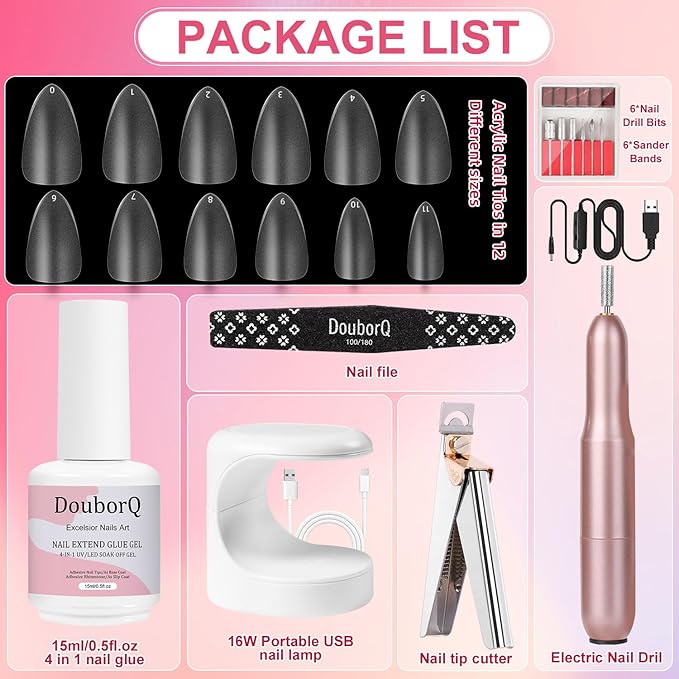 Major Dijit Gel Kit - Beginner Set With Drill, 0.5oz 4-in-1 Glue, 500PCS Short Almond Tips, Clipper, UV Lamp for Extension & Art (Short Almond)