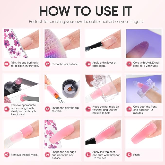 PEACECOLOR Poly Nail Gel Kit with Drill U V Light, 15 Colors Hot Pink Nude Blue Purple Nail Extension Gel with Slip Solution Nail Art Starter Kit Home Salon DIY