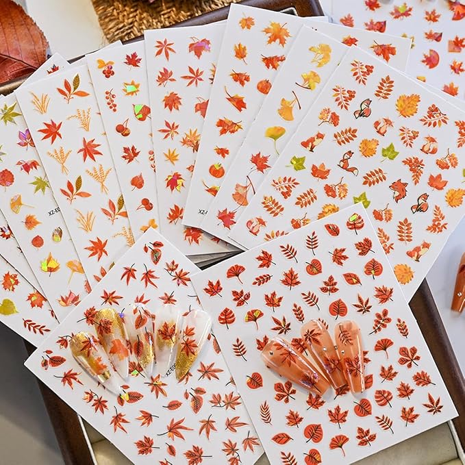 12 Sheets Fall Nail Art Stickers Decal Laser Glitter 3D Self-Adhesive Nail Stickers Design Autumn Maple Leaf Red Fox Pumpkin Nail Decals for Women DIY Thanksgiving Holiday Nail Decorations Supply