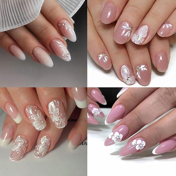 30 Sheets White Rhinestone Flower Nail Art Stickers 3D Self-Adhesive Flower Nail Stickers Design Holographic Small Flowers with Rhinestones Suitable for Women Nail Art Decoration