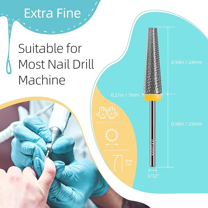 5 in 1 Nail Drill Bits, 24mm Flat Top Tapered Professional Tungsten Carbide Bit for Gel Polish & Base Removal, Electric File Manicure Drills Accessories Tool,XF