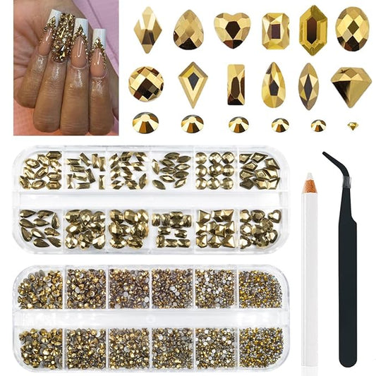 Old Golden Nail Rhinestones 120 Multi Shapes Flatback Gems K9 Glass Stones Metallic Gold Round Beads Diamonds Jewels Crystals w Pick Pen Charms for Nails Faces Eyes Makeup Crafts Clothes Shoes