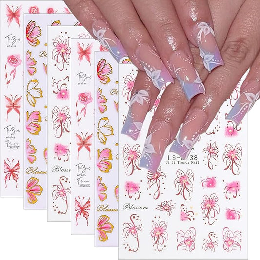6Sheets Flower Nails Art Stickers Pink Cherry Blossom Nail Decals Butterfly Rose Nail Stickers Spring Summer Floral Design Sticker Cute Lily Flowers Nails Supplies Decorations for Women DIY Manicure