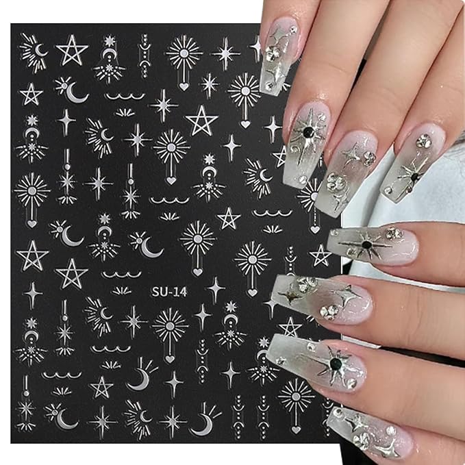Star Nail Stickers - 8Sheets Metallic Star Nail Art Stickers 3D Star Moon Sun Nail Decals for Nail Art Supplies Sun Stars Moon Starlight Glitter Gold Silver Design French Manicure Decoration for Women
