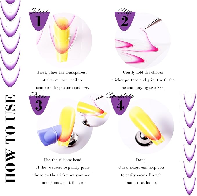 12 Sheets Colorful French Tip Nail Stickers, Gradient French Line Nail Art Stickers with Tweezer, French Tip Nail Decals 3D Self-Adhesive Nail Tips Guides for Women Manicure Decoration