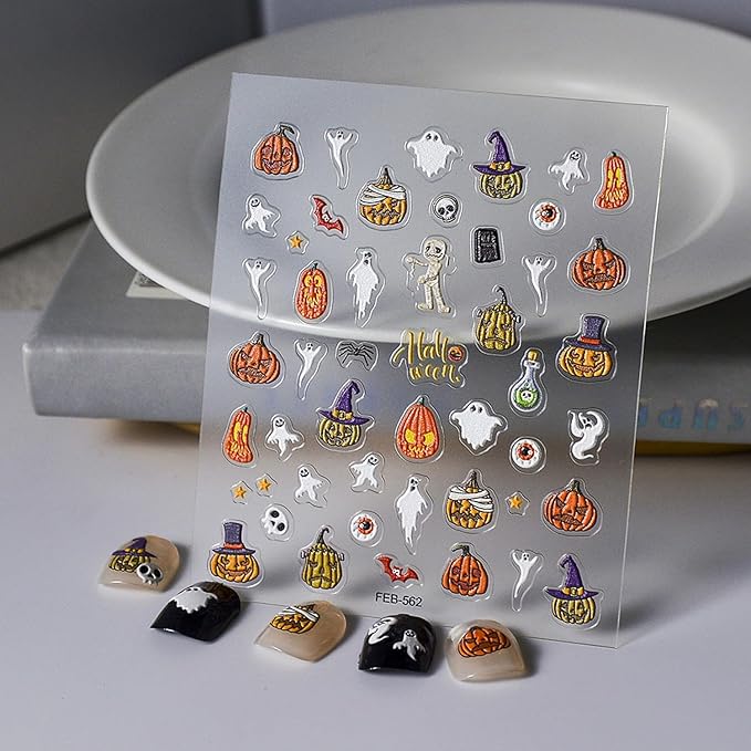 5D Embossed Halloween Nail Stickers Decals, Self-Adhesive Cute Ghost Pumpkin Nail Decals, Halloween Nail Art Stickers for Women Holiday DIY Manicure Decoration Accessories Supplies 1 Sheets