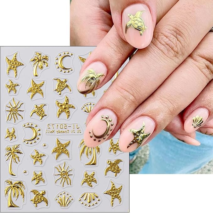 2Pcs Summer Nail Stickers for Nails Art 5D Gold Ocean Nail Decals Self Adhesive Tropical Starfish Sea Turtle Coconut Tree Nail Design Sticker Summer Beach Nails Art Stickers Accessories for Women DIY