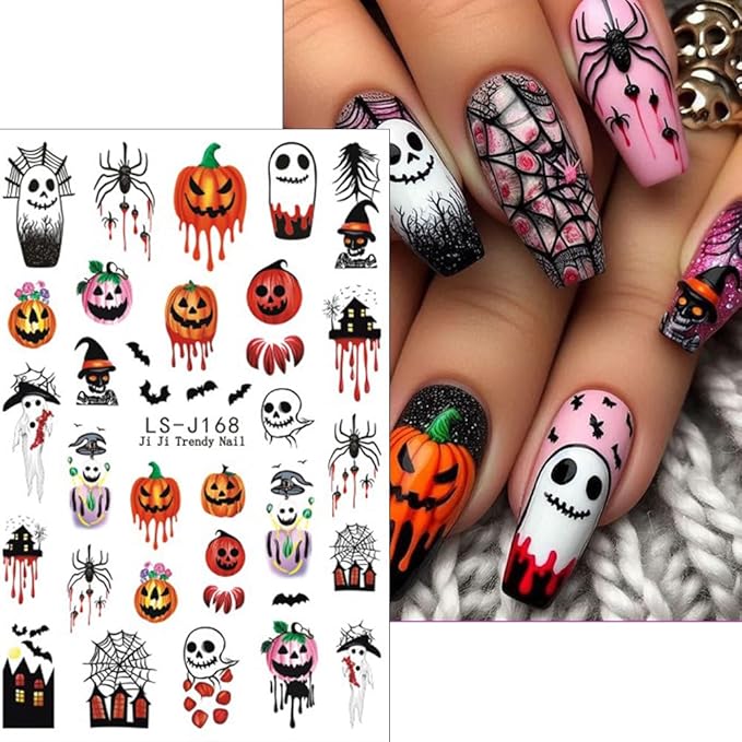 Halloween Nail Stickers Ghost Spider Web Nail Art Stickers Bat Cat Skull Flower Nail Decals Self-Adhesive Spooky Gothic Design Sticker Holiday Nail Art Decoration for Women Manicure Accessories 5Pcs