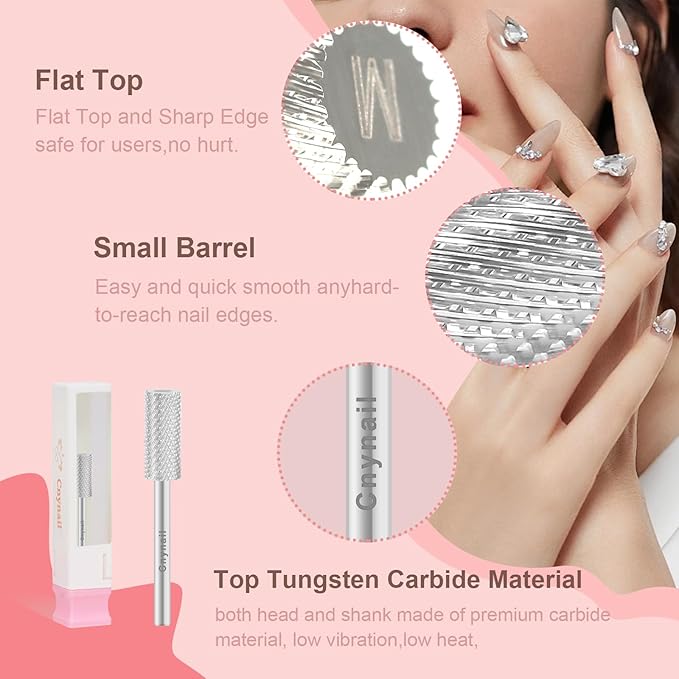 3/32" 5.35MM Small Barrel Flat Top Bit Tungsten Carbide Nail Drill Bit Safety Bit for Gel & Acrylic Removal, 2-Way Rotating Efile Tip, Salon Electric File Accessory (M Grit, Silver)